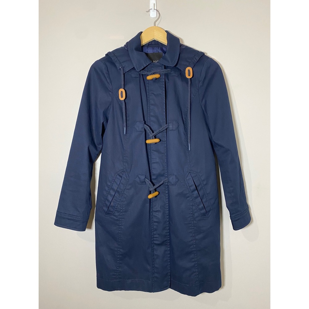 Talbots EUC Navy Hooded Duffle Coat Toggle Wooden Buttons Mid Length Jacket Sz S